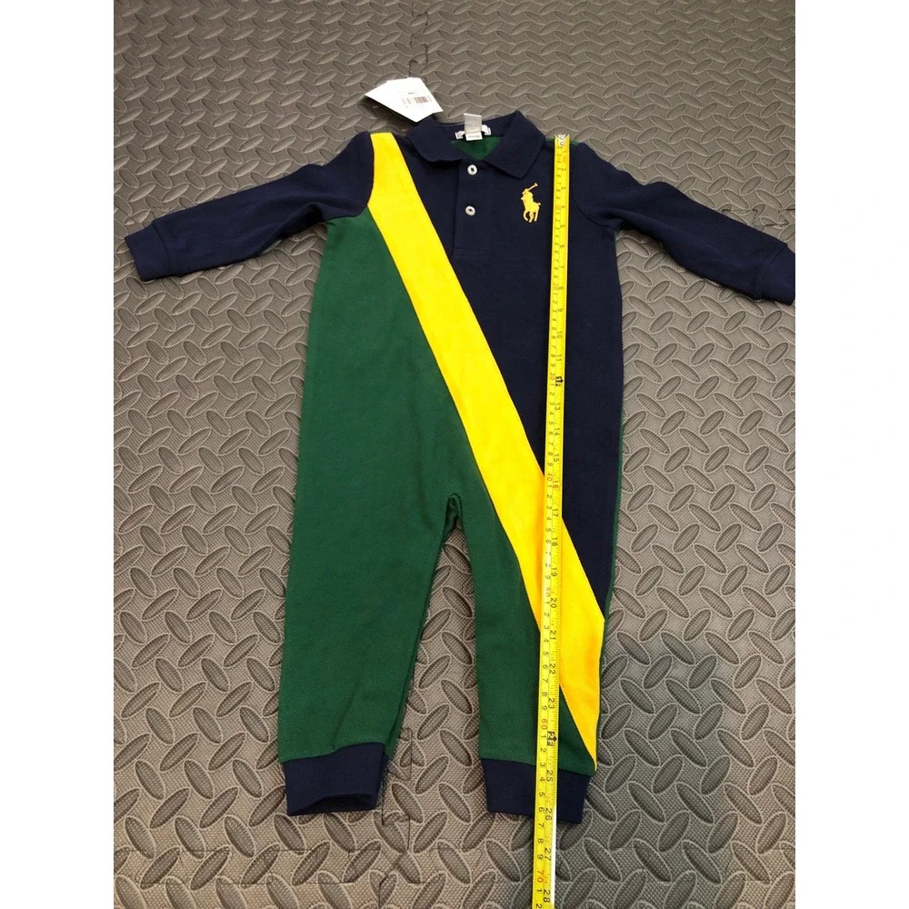 Ralph Lauren Coverall Baby Boy 12M Navy Green Yellow Colorblock Polo Romper